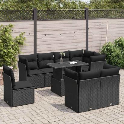 Set mobilier de grădină cu perne, 9 piese, negru, poliratan GartenMobel Dekor