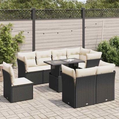 Set mobilier de grădină cu perne, 9 piese, negru, poliratan GartenMobel Dekor