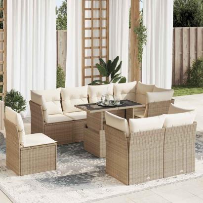 Set canapele de grădină, 9 piese, cu perne, bej, poliratan GartenMobel Dekor