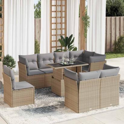 Set canapele de grădină, 9 piese, cu perne, bej, poliratan GartenMobel Dekor