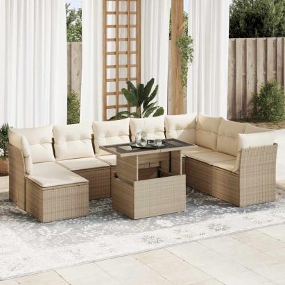 Set canapele de grădină, 9 piese, cu perne, bej, poliratan GartenMobel Dekor