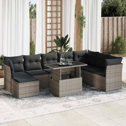 Set canapele de grădină, 9 piese, cu perne, gri, poliratan GartenMobel Dekor