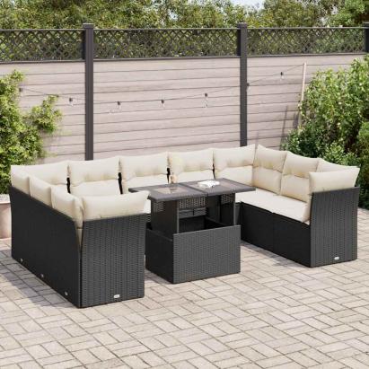 Set canapele de grădină cu perne, 10 piese, negru, poliratan GartenMobel Dekor
