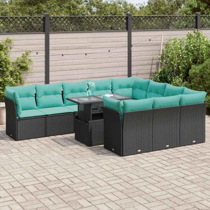 Set canapele grădină cu perne 11 piese, negru, poliratan/acacia GartenMobel Dekor