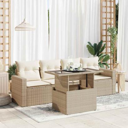 Set canapele de grădină cu perne, 5 piese, bej, poliratan GartenMobel Dekor