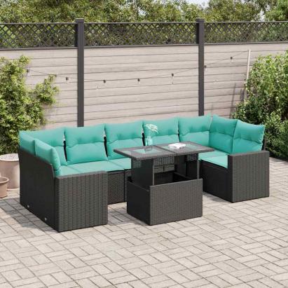 Set mobilier grădină perne 8 piese negru, poliratan/lemn acacia GartenMobel Dekor