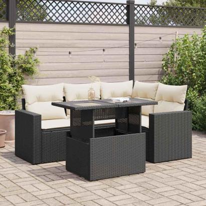 Set mobilier de grădină cu perne, 5 piese, negru, poliratan GartenMobel Dekor