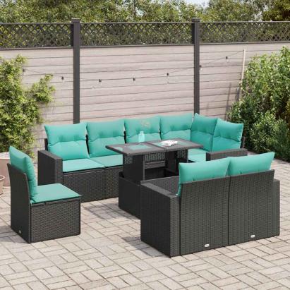 Set mobilier grădină perne 9 piese negru poliratan/lemn acacia GartenMobel Dekor