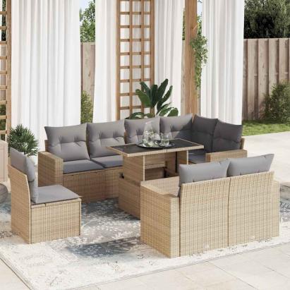 Set canapele de grădină, 9 piese, cu perne, bej, poliratan GartenMobel Dekor