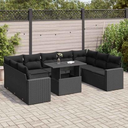 Set canapele de grădină cu perne, 10 piese, negru, poliratan GartenMobel Dekor