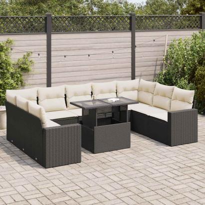 Set canapele de grădină cu perne, 10 piese, negru, poliratan GartenMobel Dekor
