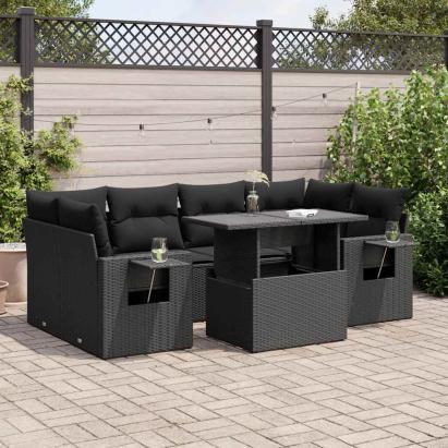 Set canapele de grădină cu perne, 7 piese, negru, poliratan GartenMobel Dekor