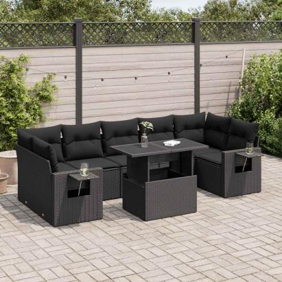 Set mobilier de grădină cu perne, 8 piese, negru, poliratan GartenMobel Dekor