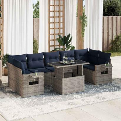 Set mobilier grădină perne 8 piese gri, poliratan/lemn acacia GartenMobel Dekor