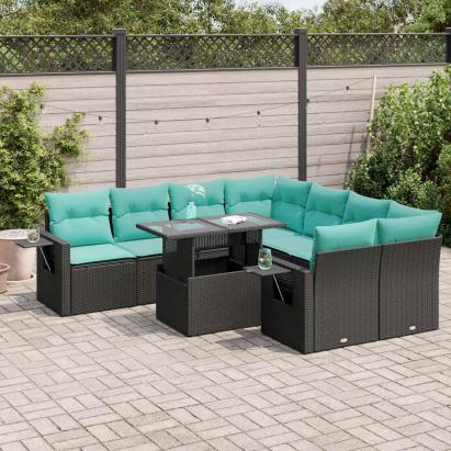 Set canapele de grădină cu perne, 9 piese, negru, poliratan GartenMobel Dekor