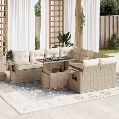 Set canapele de grădină, 9 piese, cu perne, bej, poliratan GartenMobel Dekor