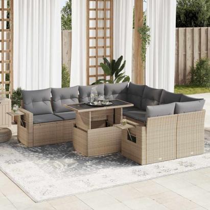 Set canapele de grădină, 9 piese, cu perne, bej, poliratan GartenMobel Dekor