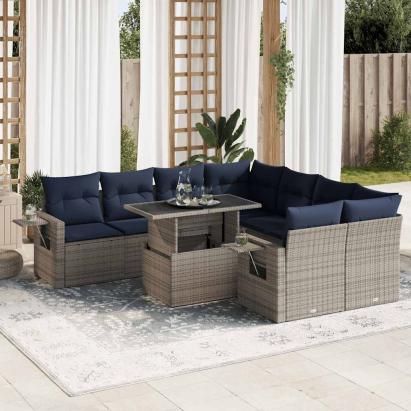 Set mobilier grădină perne 9 piese gri poliratan/lemn acacia GartenMobel Dekor