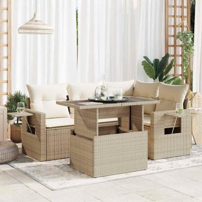 Set canapele de grădină cu perne, 5 piese, bej, poliratan GartenMobel Dekor