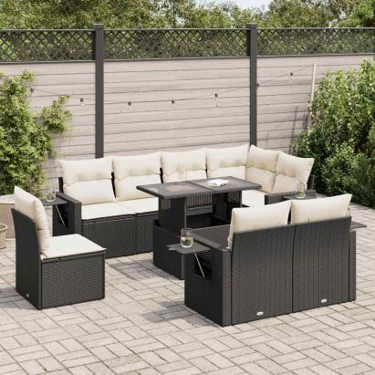 Set mobilier de grădină cu perne, 9 piese, negru, poliratan GartenMobel Dekor