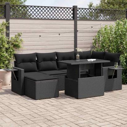 Set canapele de grădină cu perne, 7 piese, negru, poliratan GartenMobel Dekor