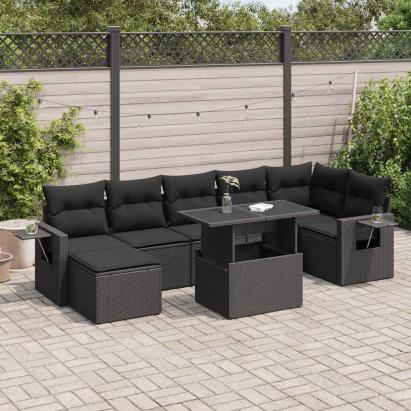 Set mobilier de grădină cu perne, 8 piese, negru, poliratan GartenMobel Dekor