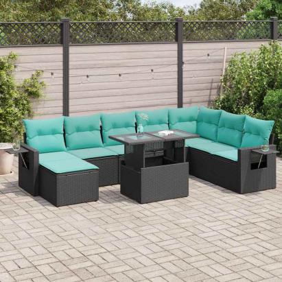 Set mobilier grădină perne 9 piese negru poliratan/lemn acacia GartenMobel Dekor