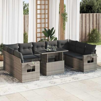 Set mobilier de grădină cu perne, 10 piese, gri, poliratan GartenMobel Dekor