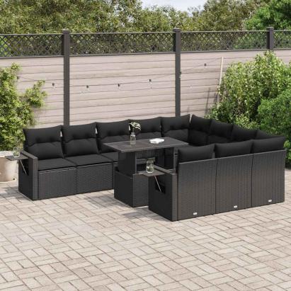 Set canapele de grădină cu perne, 11 piese, negru, poliratan GartenMobel Dekor
