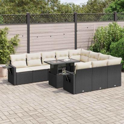 Set canapele de grădină cu perne, 11 piese, negru, poliratan GartenMobel Dekor