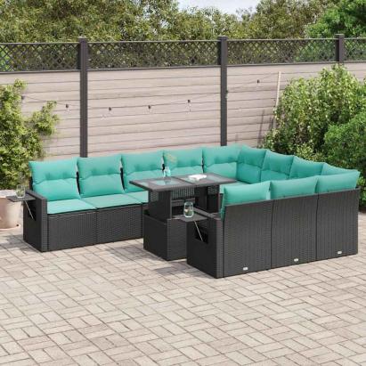 Set canapele grădină cu perne 11 piese, negru, poliratan/acacia GartenMobel Dekor