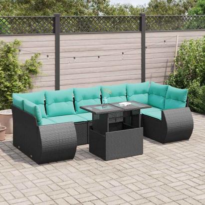 Set mobilier grădină perne 8 piese negru, poliratan/lemn acacia GartenMobel Dekor