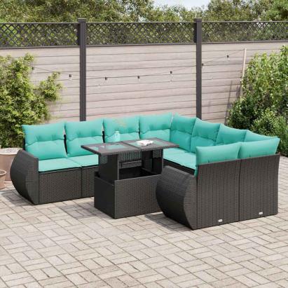 Set mobilier grădină perne 9 piese negru poliratan/lemn acacia GartenMobel Dekor