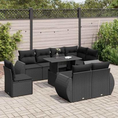 Set mobilier de grădină cu perne, 9 piese, negru, poliratan GartenMobel Dekor