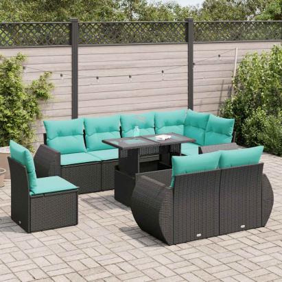 Set mobilier grădină perne 9 piese negru poliratan/lemn acacia GartenMobel Dekor