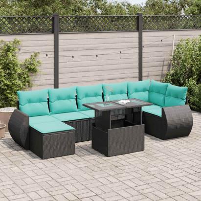 Set mobilier grădină perne 8 piese negru, poliratan/lemn acacia GartenMobel Dekor
