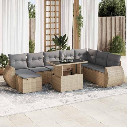 Set canapele de grădină, 9 piese, cu perne, bej, poliratan GartenMobel Dekor