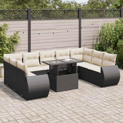 Set canapele de grădină cu perne, 10 piese, negru, poliratan GartenMobel Dekor