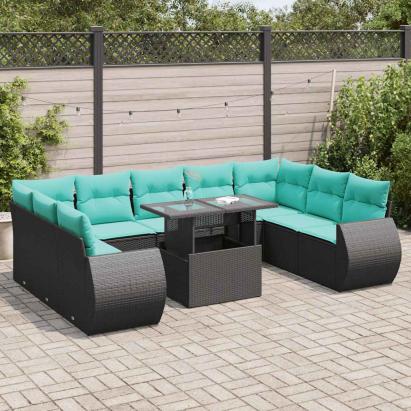 Set canapele de grădină cu perne, 10 piese, negru, poliratan GartenMobel Dekor
