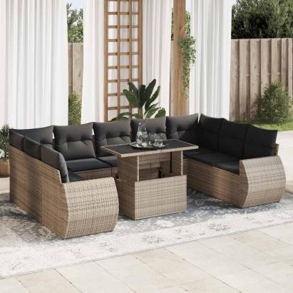Set mobilier de grădină cu perne, 10 piese, gri, poliratan GartenMobel Dekor