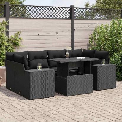 Set canapele de grădină cu perne, 7 piese, negru, poliratan GartenMobel Dekor