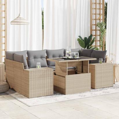 Set canapele de grădină, 7 piese, cu perne, bej, poliratan GartenMobel Dekor