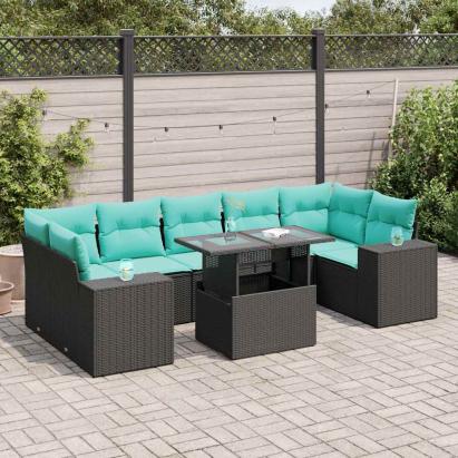 Set mobilier grădină perne 8 piese negru, poliratan/lemn acacia GartenMobel Dekor