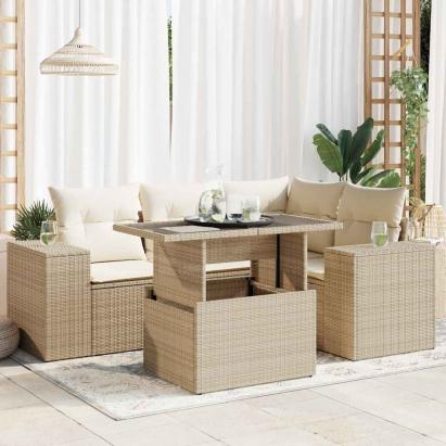 Set canapele de grădină cu perne, 5 piese, bej, poliratan GartenMobel Dekor