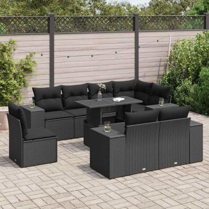 Set mobilier de grădină cu perne, 9 piese, negru, poliratan GartenMobel Dekor