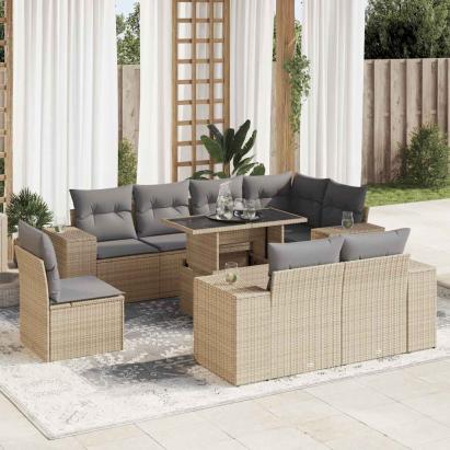 Set canapele de grădină, 9 piese, cu perne, bej, poliratan GartenMobel Dekor