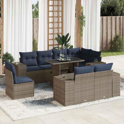 Set mobilier grădină cu perne 9piese gri poliratan/lemn acacia GartenMobel Dekor