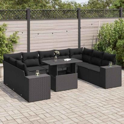 Set canapele de grădină cu perne, 10 piese, negru, poliratan GartenMobel Dekor