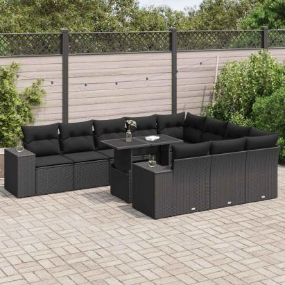 Set canapele de grădină cu perne, 11 piese, negru, poliratan GartenMobel Dekor