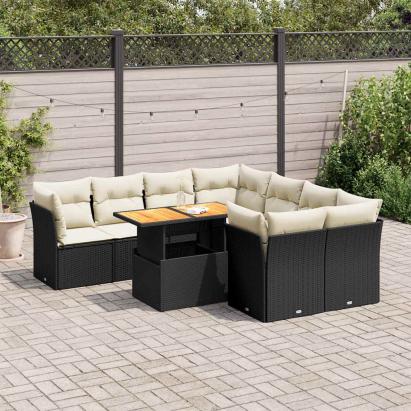 Set mobilier de grădină cu perne, 9 piese, negru, poliratan GartenMobel Dekor